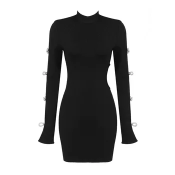Ženske Obleka Black Dolg Rokav Pasu Cut-Out Hip Zaviti Mini Obleka