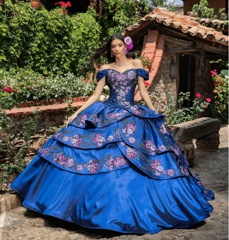 Royal Modra Charro Quinceanera Obleke Žogo Obleke Off Ramo Appliques Beaded Zabuhle Mehiški Sweet 16 Obleke 15 Anos