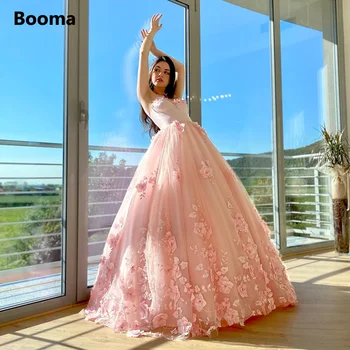 Booma Roza Bleščicami Til Maxi Prom Obleke Ljubica brez Rokavov Cvetlični Appliqued 3D Cvetje Žogo Obleke Quinceanera Obleke