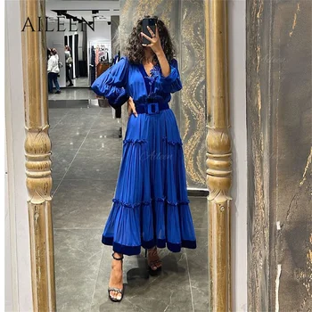 Modra Formalnih Obleke Z Dolgimi Rokavi, V-izrez Luksuzno Obleko za Gala Party 2023 Saten Ženska Večerna Obleka Ženske Aileen A-linije