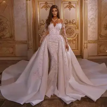 2023 Luksuzni morska deklica Poročno Obleko s Snemljivo Appliqued arabski Trobenta Poročne Obleke Dolge Rokave Haljo De Mariée Vestido Noiva