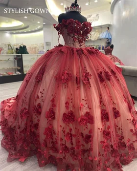 Pepelka, Rdeča Quinceanera Obleke Beaded Formalno Maturantski ples 3D Cvetje Diplomi Halje Princesa Vestidos De 15 Años 2023