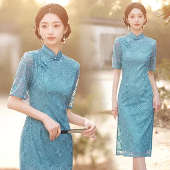 Yourqipao 2023 Pomlad Poletje Nov Modni Mid-dolžina Modre Čipke Mlade Slog Žensk Cheongsam Hanfu Večerne Obleke Kitajske Obleke