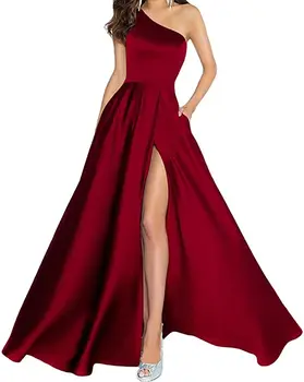 Žensk je Ena Ramenski Prom Oblačenja Saten Linije Elegantne Formalno Večerne Dolžina Tal Družice Dolge Obleke