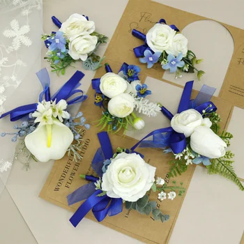 Umetno Slonovino Cvetje, Poročni Boutonniers za Ženina, Nevesto Svile Rose Zatiči Blue Ribbon Družico Corsage dodatki mariage