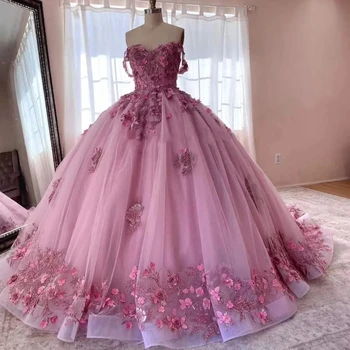 Sladko Pink Girl Quinceanera Obleke 3D Cvetje Appliques Off Ramo Princesa Ljubica Žogo Halje Rojstni Vestidos