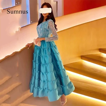 Sumnus Elegantna A-Line Saten Večerne Obleke Iluzijo Dolge Rokave Prom Oblačenja Kristalno Zamah Vlak Stranka Halje Savdska Arabija