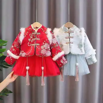 Dekleta Tang bo Ustrezala Pozimi Toplo Zgosti Žamet Vrh in Princesa Volnene Obleko Kitajska Tradicionalna Otroška Rdeče Novo Leto Oblačila Sklop