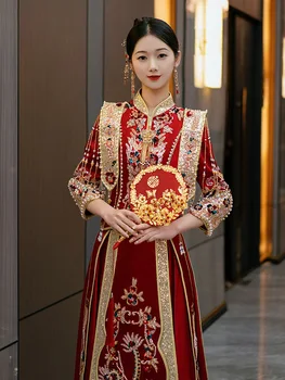 Ženska Phoenix Vezenje Beading Poročno Obleko Kitajski Slog Toast Obleka Nevesta Sparkly Sequins Beading Zveze Set