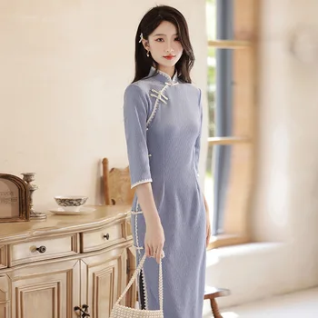 Cheongsam Izboljšano Pomlad Mlada Dekleta Literarno Umetniško Sveže Sladka Mala Modra Slim Obleko Žensk Tradicionalna Kitajska Obleka