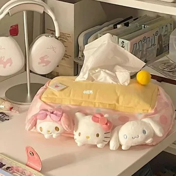 Kawaii Sanrioed Anime Risanke serije HelloKitty Kuromi Cinnamoroll srčkan Mehki pliš namizje Tkiva škatla za shranjevanje majhno darilo
