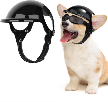 Pes Čelada in Očala za Majhne Pse -UV Zaščita Doggy sončna Očala Pes Očala Pet Motoristična Čelada Klobuk z Uho Lukenj