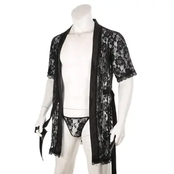 Moški Čipke kopalni plašč Seksi Dolgo Haljo More Sleepwear Kimono Nightgown Svoboden Kopalne Obleke Erotični Kostum s T-nazaj Zabavno Nightgown