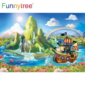 Funnytree Modrem Nebu Mavrica Piratske Stranke Temo Rojstni Dan Ozadja Čoln Otroci Jadro Cvetje Ocean Gorah Fotografija Ozadje