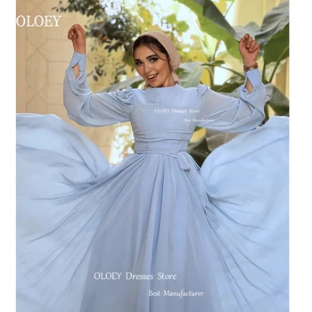 OLOEY 2023 Svetlo Modra Svila Šifon Muslimanskih arabski Večerne Obleke z Dolgimi Rokavi O-Vratu Skromno PurpleProm Halje Preprosta, Formalno Stranko