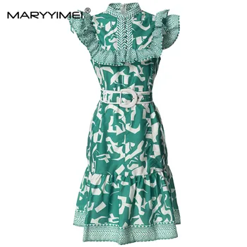 MARYYIMEI 2023 Moda Pomlad Poletje Stoji Ovratnik brez Rokavov obleko Ruffle Eno Zapenjanje Pasu Počitniške Obleke